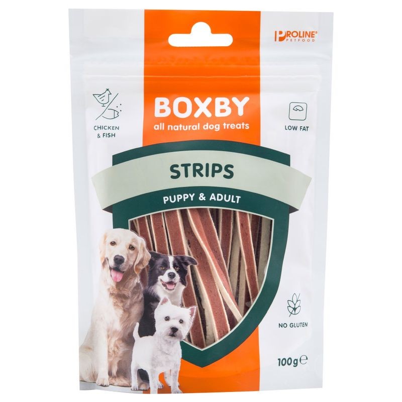BOXBY Tiras pollo y pescado (15uds/caja) PUPPY
