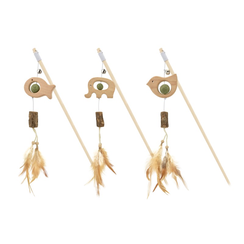 VARA ANIMALES MADERA CON CATNIP Y PLUMA (UMV 3uds.)