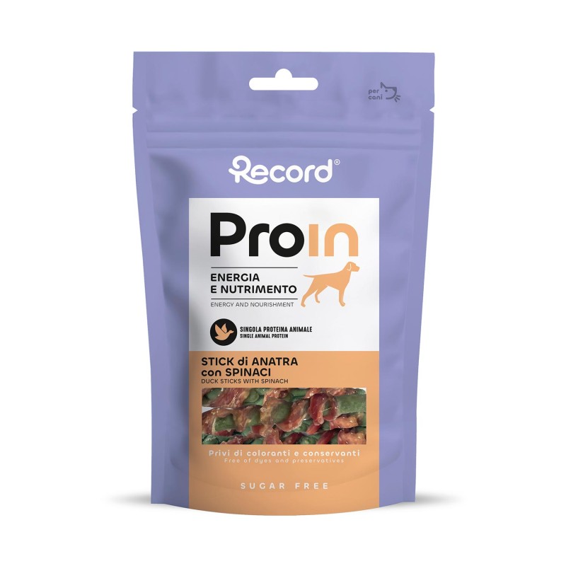 RECORD PROIN STICKS DE PATO CON ESPINACAS PARA PERROS 75G (12 uds/caja)