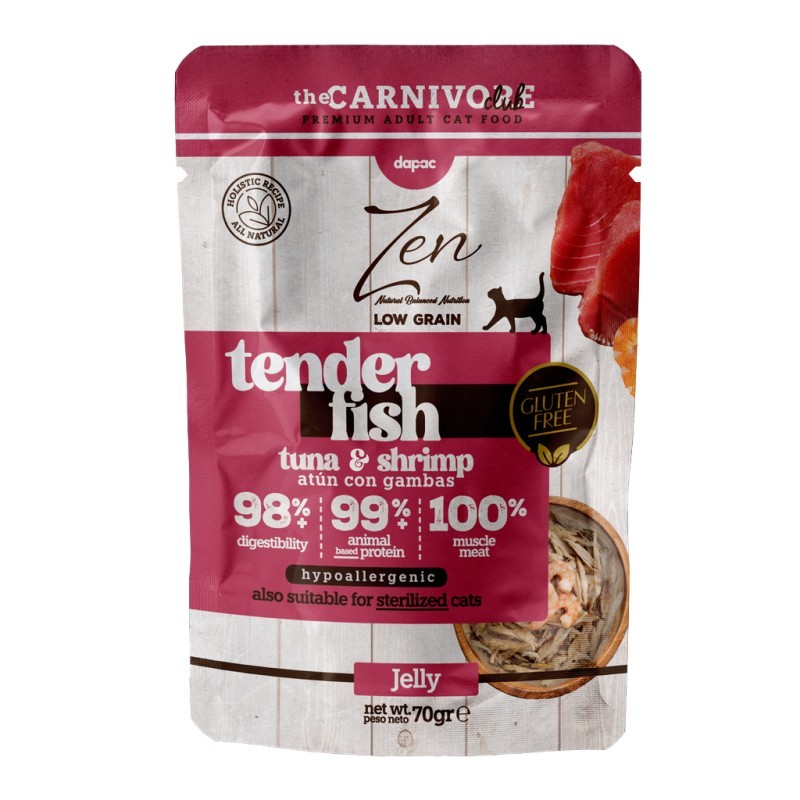 ZENCAT TENDER LOW GRAIN ATUN Y GAMBAS EN GELATINA 70gr. (caja/ 24 uds)